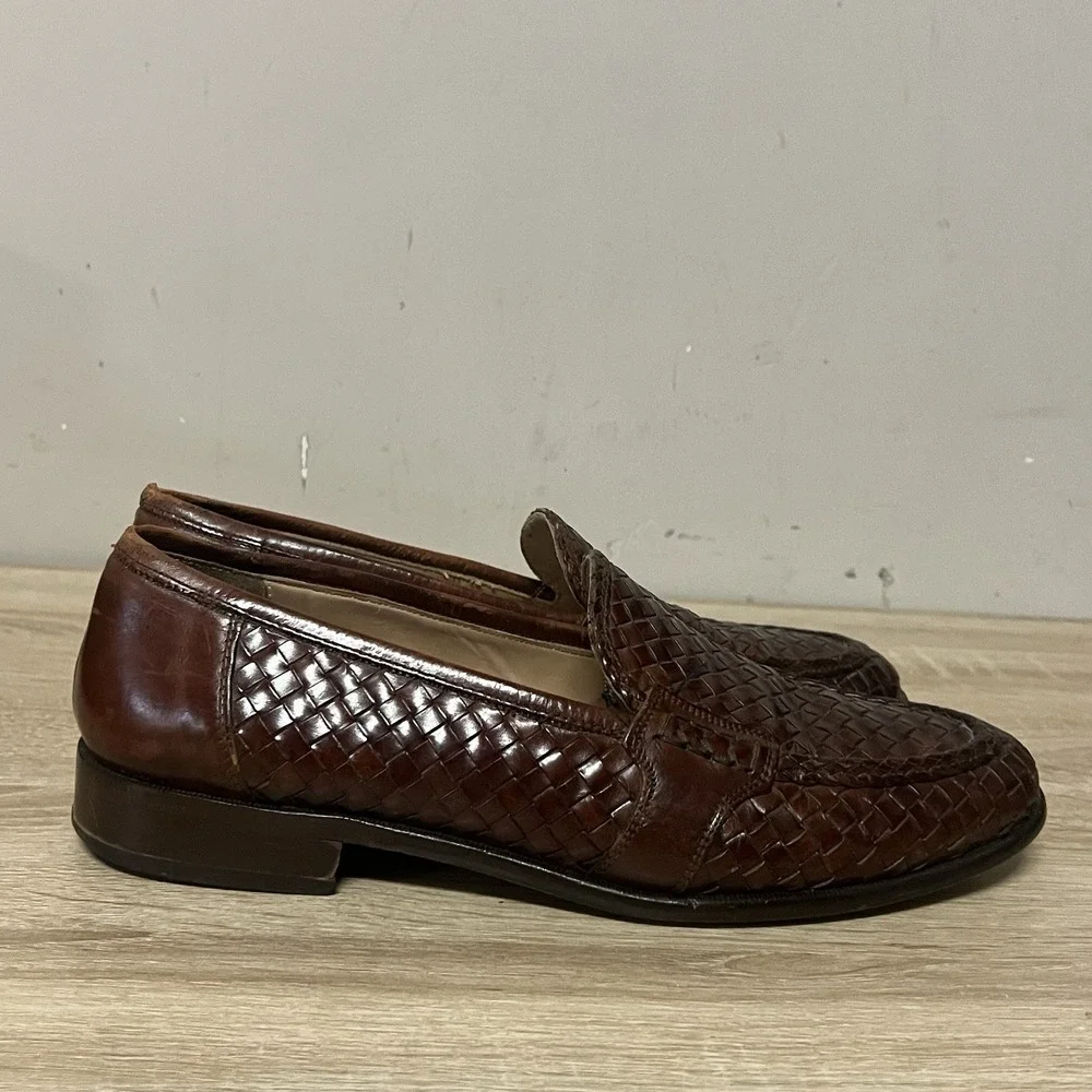 Johnston & Murphy Woven Leather Basketweave Penny Loafers Men's Size 9.5 M Italy
